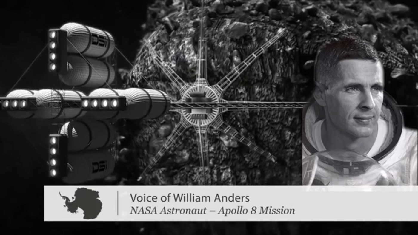 A title card reading Voice of William Anders, NASA Astronaut — Apollo 8 Mission, over black-and-white spacecraft imagery