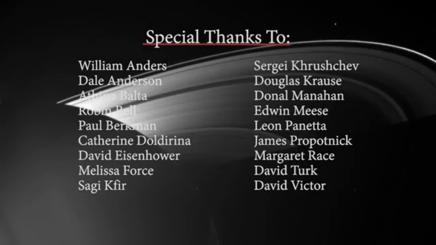 The film’s Special Thanks card, listing eighteen names including William Anders, Sergei Khrushchev, Leon Panetta, Edwin Meese, David Eisenhower, and Sagi Kfir