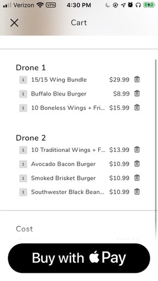The Deuce Drone cart: a Buffalo Wild Wings order split across Drone 1 and Drone 2, with a Buy with Apple Pay button
