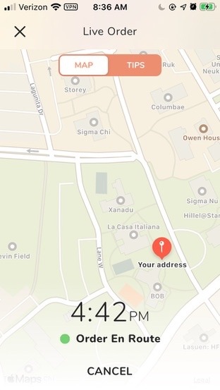The Deuce Drone app’s Live Order screen: a map with the delivery address pinned, 4:42 PM, Order En Route, and a Cancel button