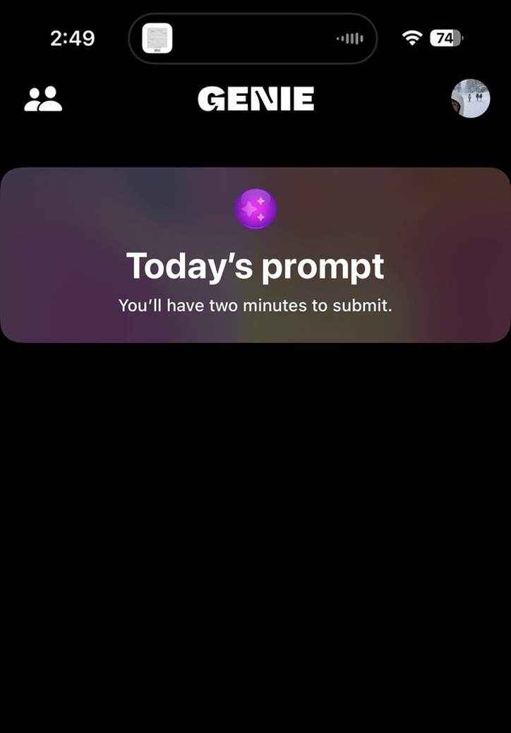 The Genie app’s home screen: Today’s prompt, you’ll have two minutes to submit