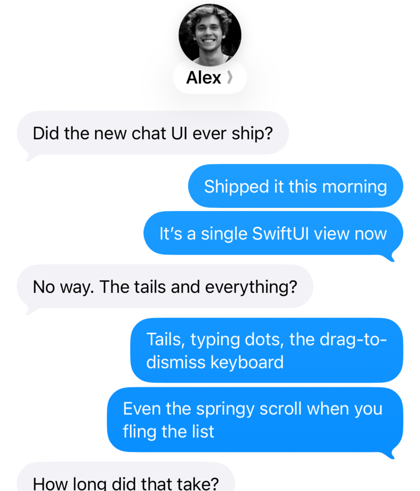 UnionChat: a one-on-one conversation with tailed bubbles, left and right alignment, grouped runs of messages, a title bar, and an input field