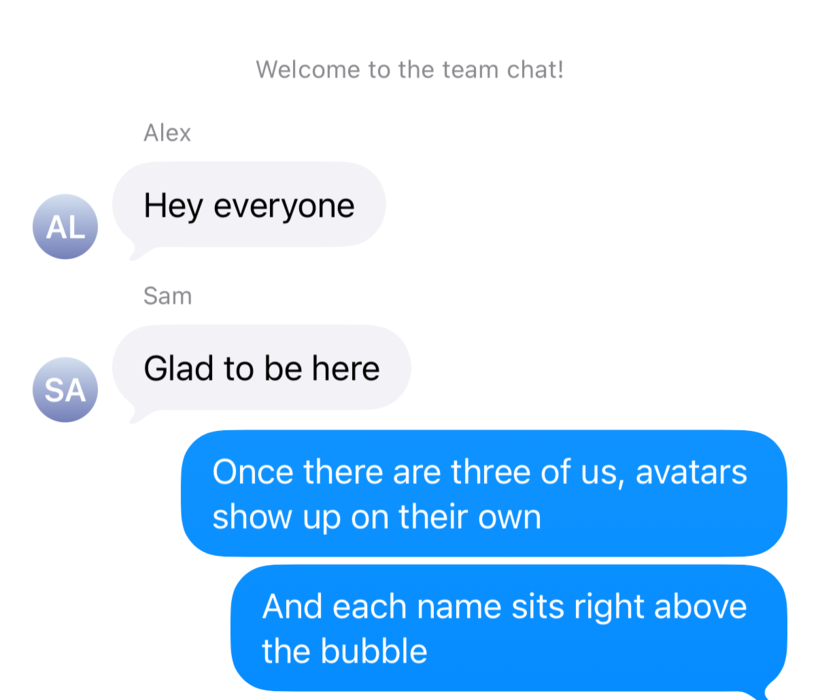 A three-person group chat with circular gradient avatars beside each incoming bubble, the sender’s name above it, and a centered system message at the top