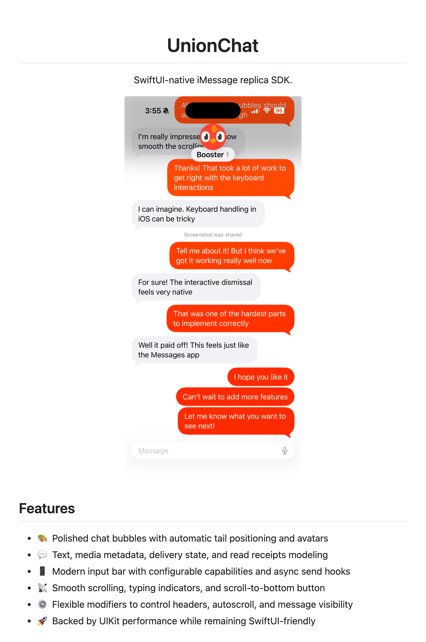 The union-chat README on GitHub: the UnionChat title, the line SwiftUI-native iMessage replica SDK, one phone screenshot of the demo conversation, and the six feature bullets