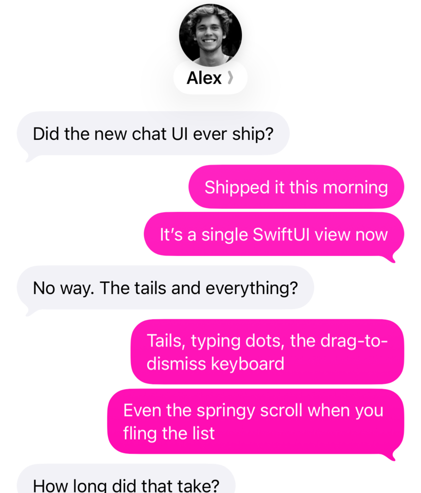 The same one-on-one conversation as the hero, but the sent bubbles are the site’s hot-pink instead of iMessage blue