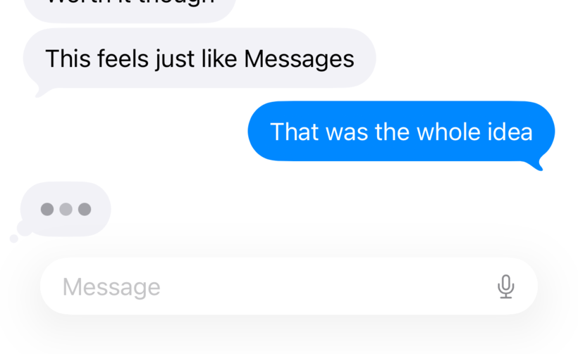 The same conversation with a small bubble at the bottom-left containing three grey dots — the typing indicator — shown mid-animation