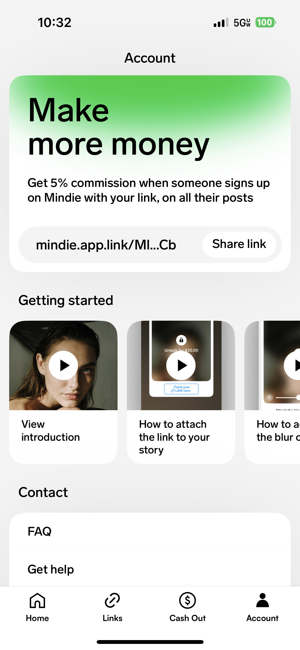 The Mindie account tab: a green Make more money card offering 5% commission on referred creators, a referral link, and a Getting started row of video tutorials