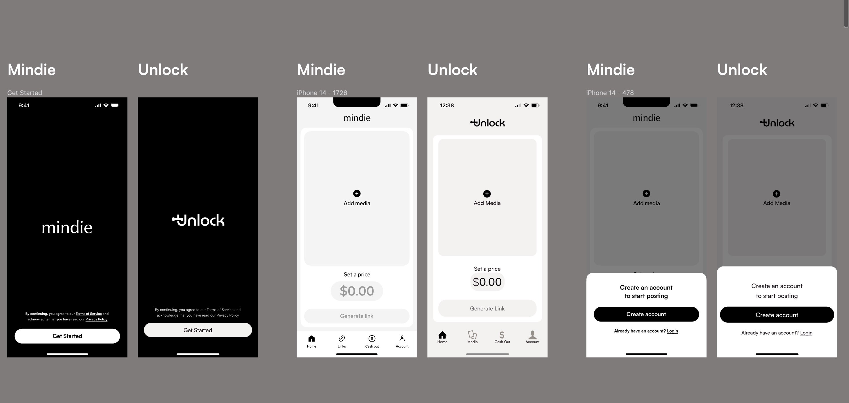 Side by side comparison strips of two apps in pairs: a black splash screen, a Set a price screen, an Earnings screen, and an onboarding screen, near-identical in each pair