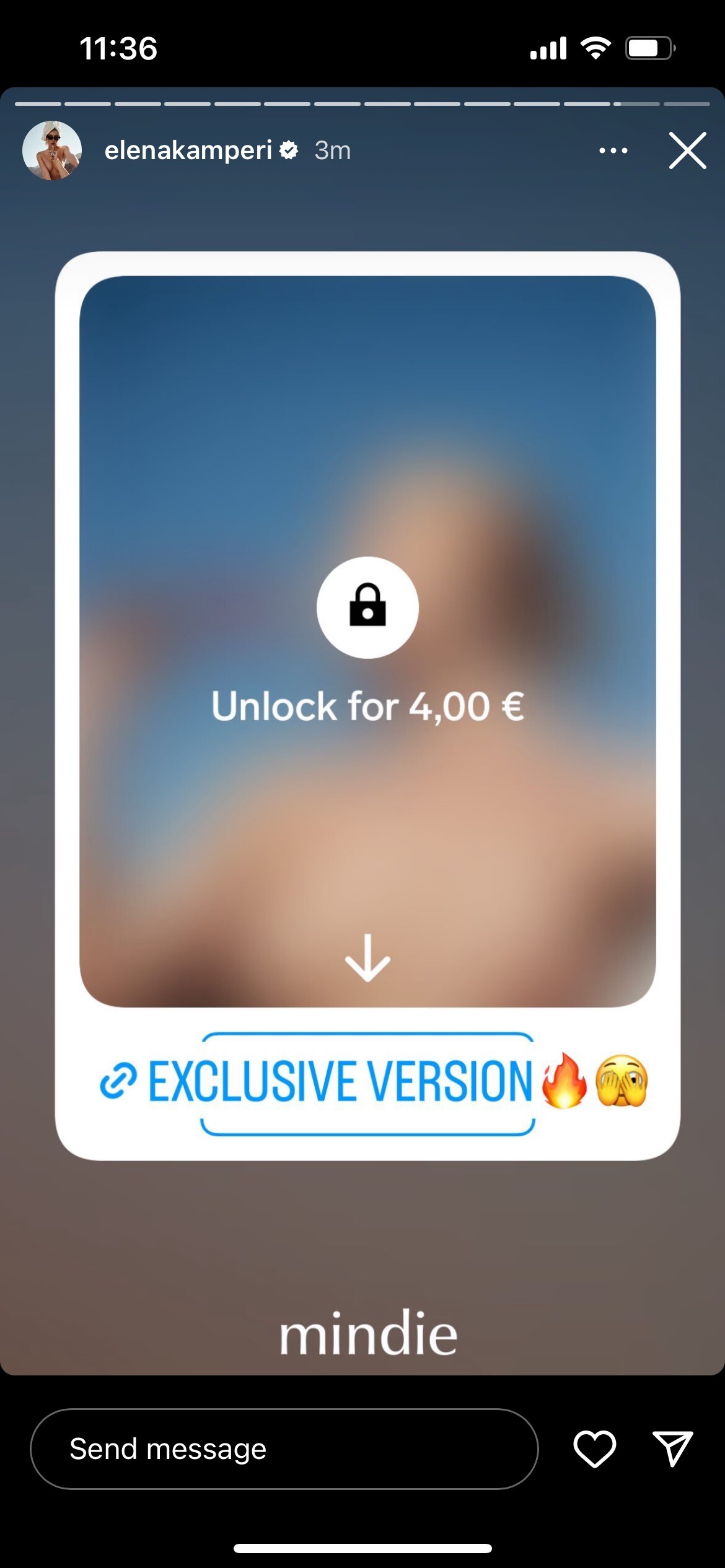 An Instagram Story from elenakamperi: a blurred photo in a white frame with a padlock, Unlock for 4,00 €, an arrow, and a link sticker reading EXCLUSIVE VERSION, with the word mindie below