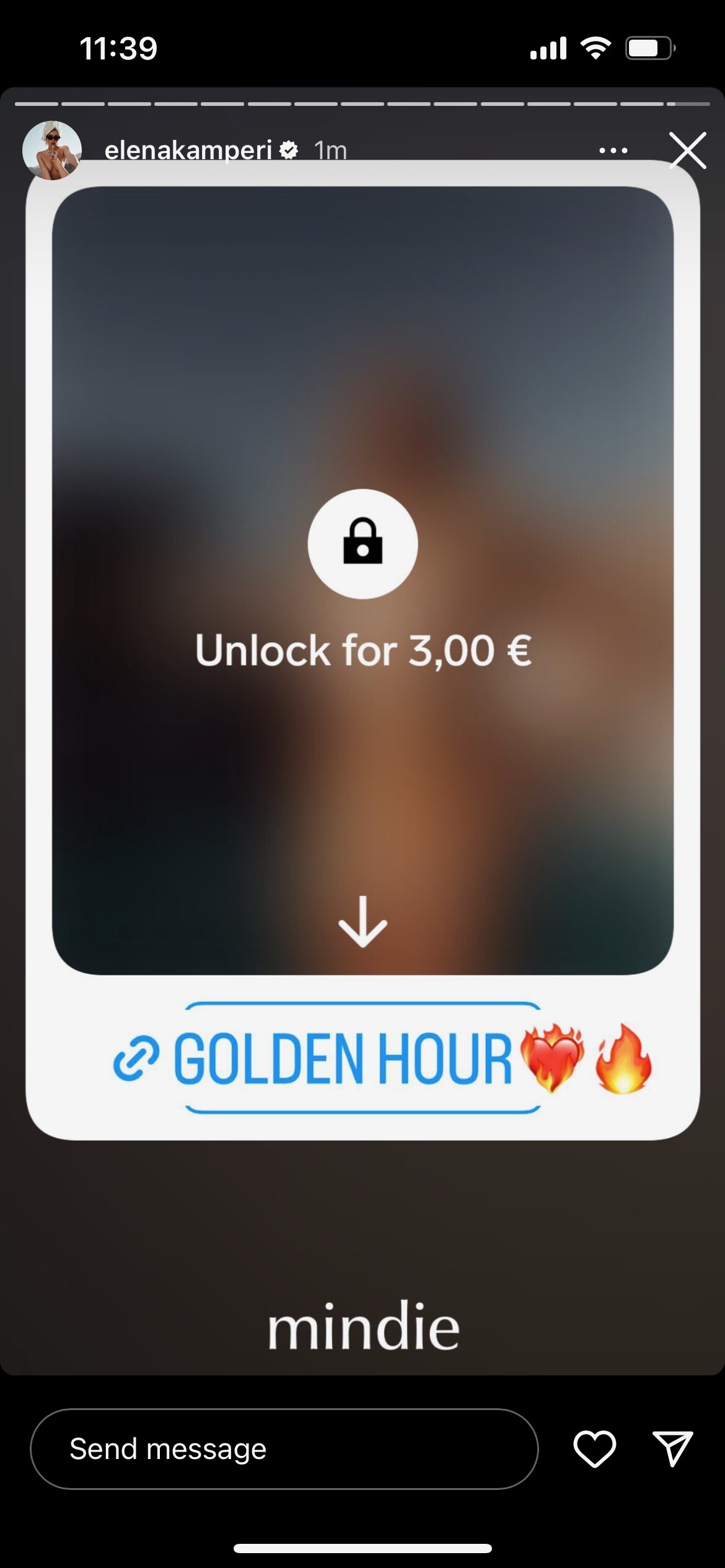 A second story from the same account: blurred photo, Unlock for 3,00 €, and a link sticker reading GOLDEN HOUR