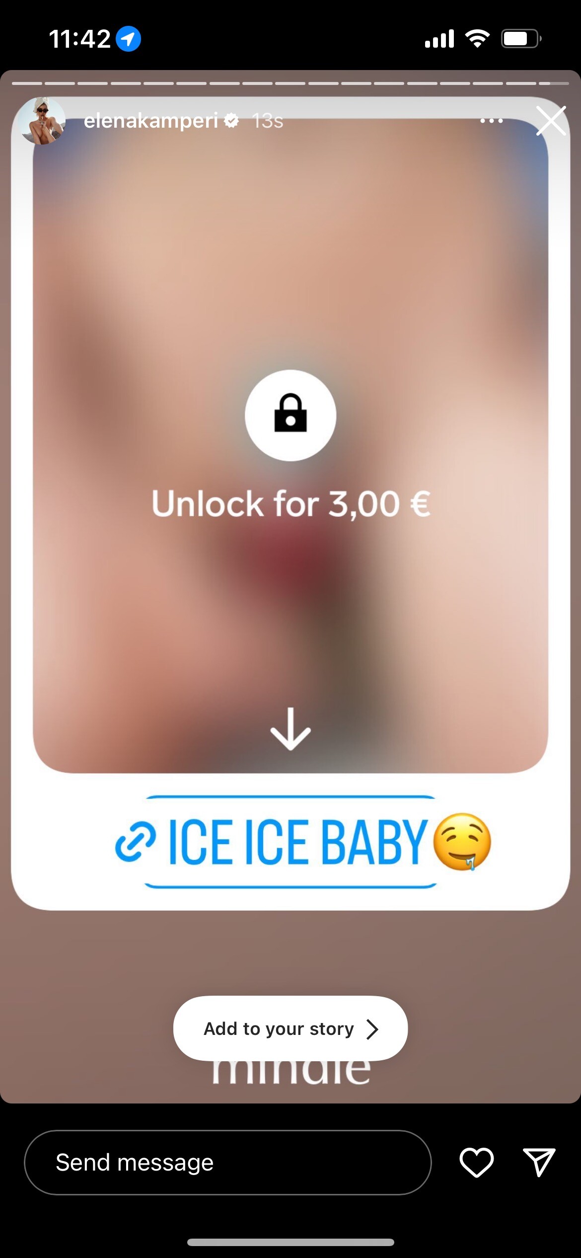 A third story: blurred photo, Unlock for 3,00 €, a link sticker reading ICE ICE BABY, and Instagram’s Add to your story button