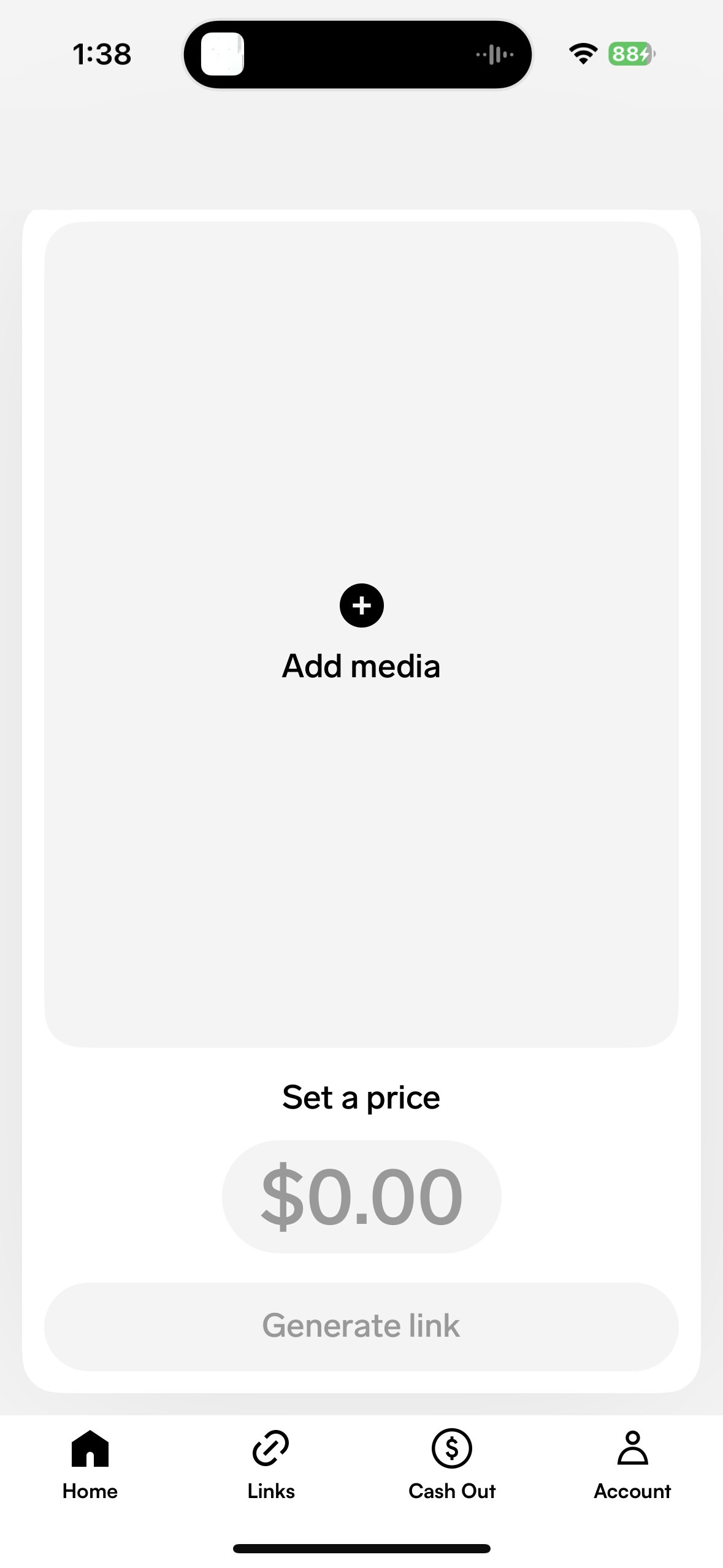 The Mindie home tab: a large Add media area, Set a price at $0.00, and a disabled Generate link button, with Home, Links, Cash Out, and Account tabs along the bottom