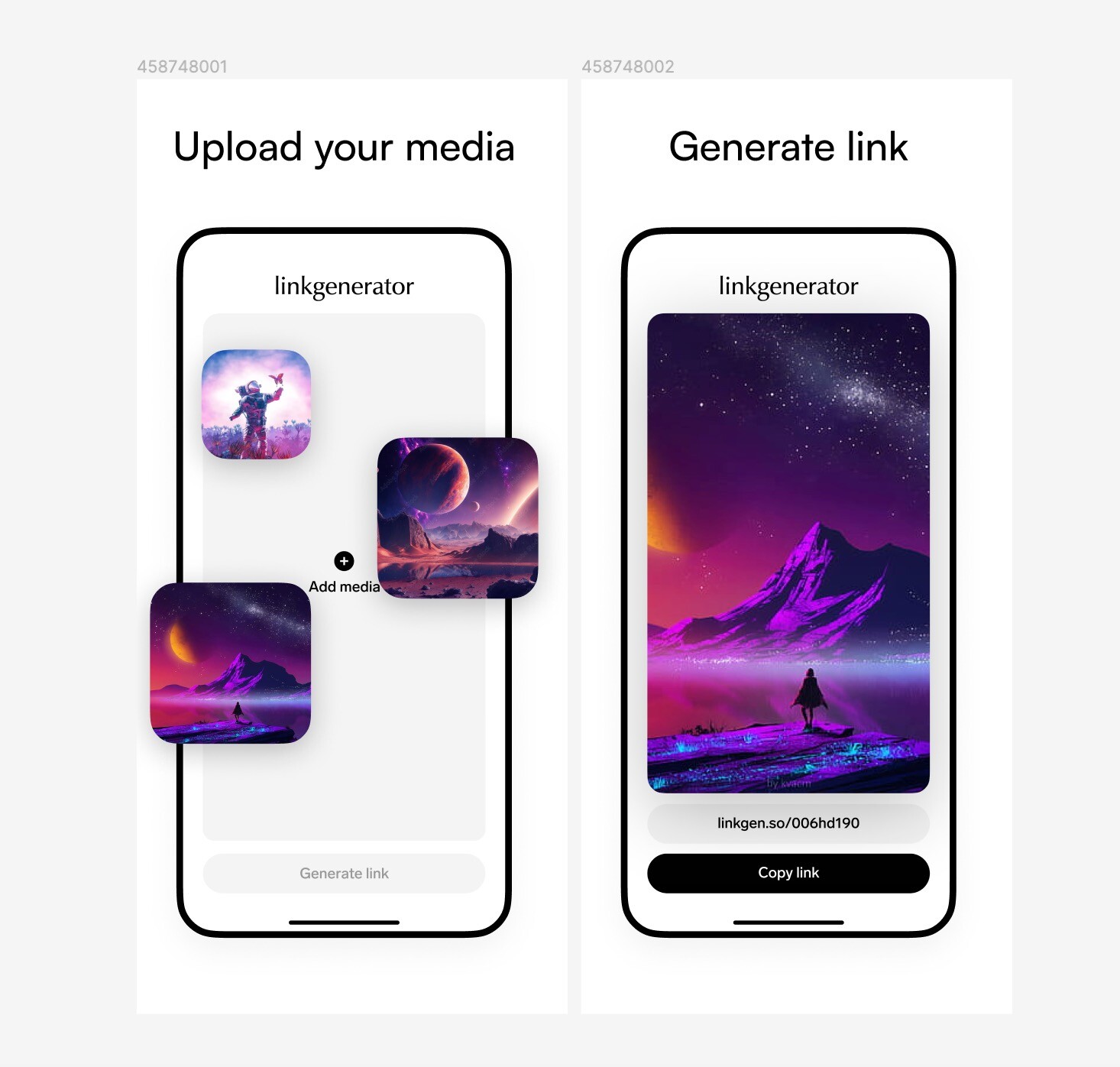 App Store screenshots for an app called linkgenerator: two phones, one showing Upload your media with a photo of a person on a mountain under a starry sky, the other showing Generate link with a purple nebula