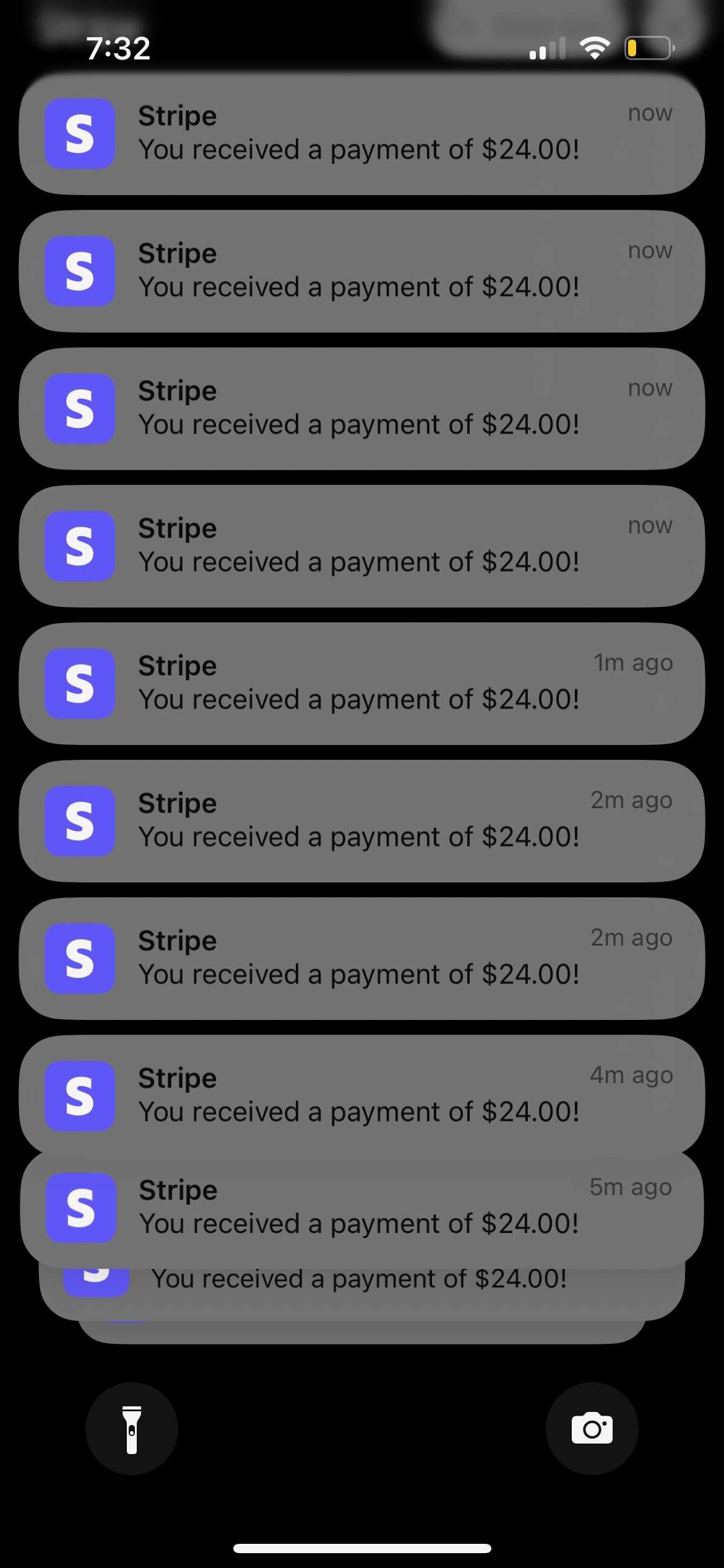 An iPhone lock screen at 7:32 filled top to bottom with Stripe notifications, each reading You received a payment of $24.00, the newest marked now and the oldest 5m ago