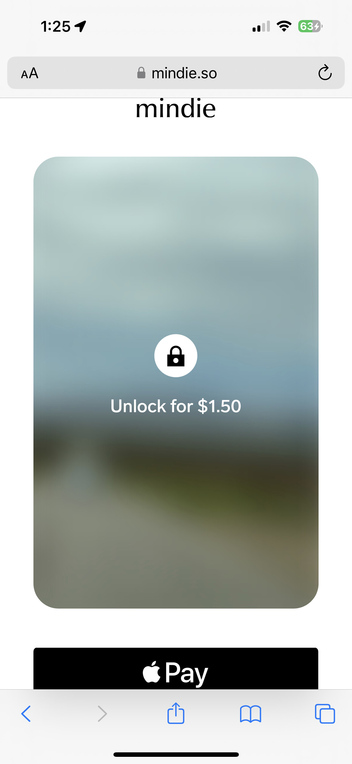 Safari on mindie.so: the word mindie, a blurred photo with a padlock and the text Unlock for $1.50, and a black Apple Pay button