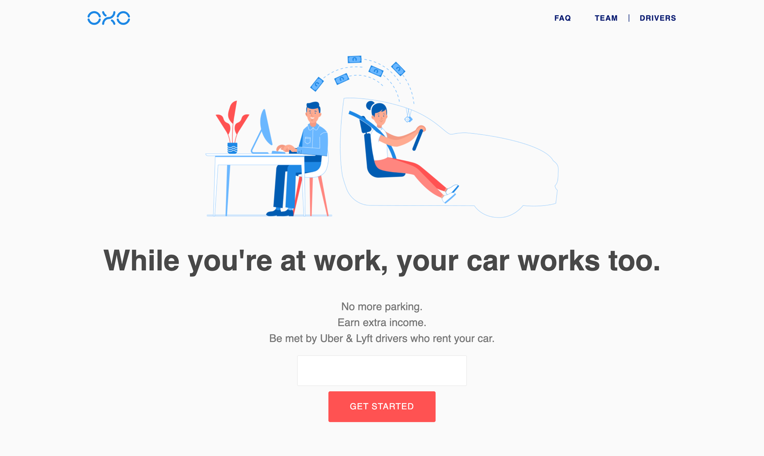 The 2018 OXO homepage: a line illustration of a man at a desk and a woman driving his car, with banknotes arcing between them, above the headline “While you’re at work, your car works too.”
