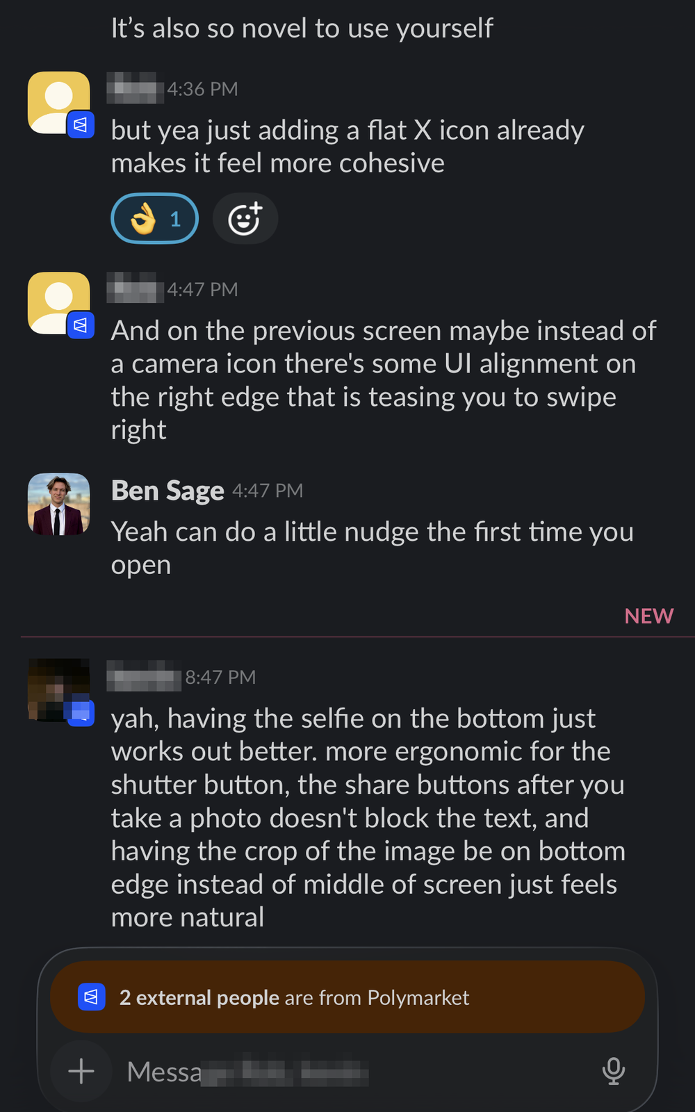 A Slack thread between Ben and two Polymarket engineers debating share-card ergonomics, colleague names pixelated