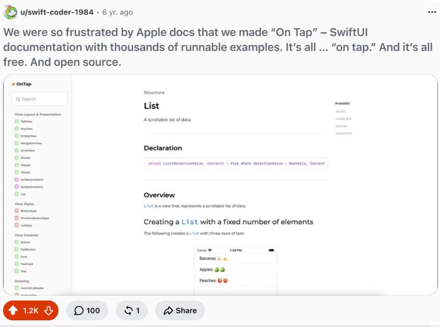 The SwiftOnTap launch post at the top of r/swift’s all-time rankings