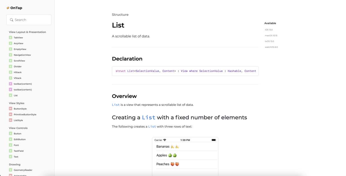 The SwiftOnTap documentation page for List, as posted to Reddit at launch