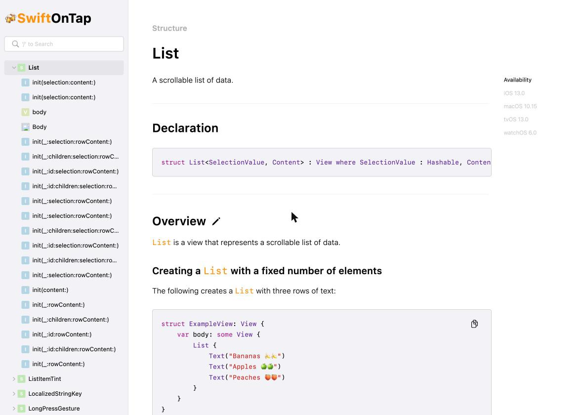 The SwiftOnTap documentation page for List, live today