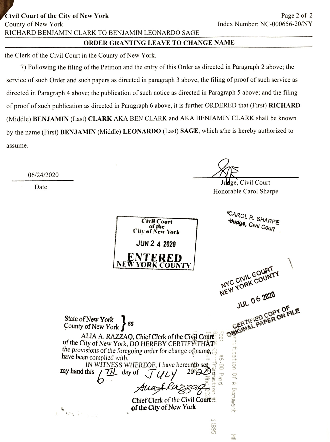 Page two of the court order: ORDER GRANTING LEAVE TO CHANGE NAME, Richard Benjamin Clark to Benjamin Leonardo Sage, with the judge’s signature and the ENTERED stamp of New York County