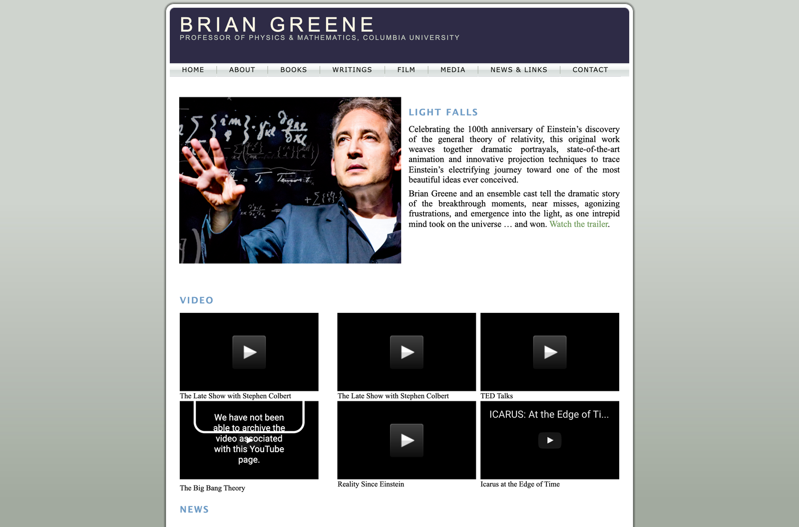 The 2016 briangreene.org: a narrow boxed layout on a gray background, navy header bar, justified serif text, and a grid of black video thumbnails